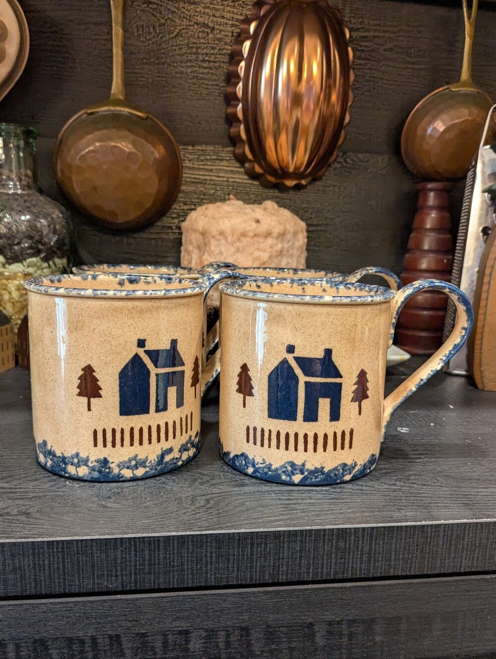 Bell Brook Ohio Pottery Spongeware Mugs Set Of 4 Made 1985